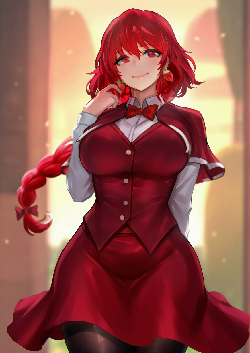 <lora:CGlas:1.1>,1girl, okazaki yumemi, detailed background, huge breasts, wide hips, arm behind back, bow, bowtie, braid, braided ponytail, breasts, closed mouth, cowboy shot, earrings, food-themed earrings, jewelry, long sleeves, looking at viewer, pantyhose, red bow, red bowtie, red eyes, red hair, red skirt, red vest, shirt, single braid, skirt, smile, solo, strawberry earrings, vest, white shirt, 
very awa, masterpiece, best quality, highres, absurdes,amazing quality,year 2024,newest