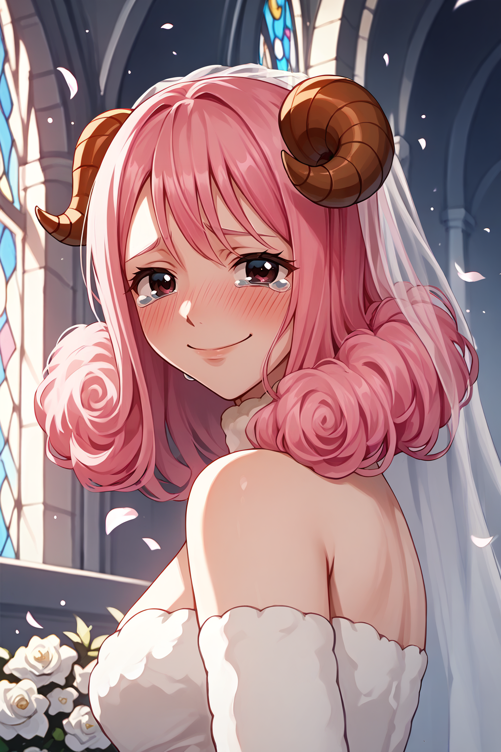 score_9, score_8_up, score_7_up, score_6_up, BREAK <lora:NSAriesFairyTail:1> NSAriesFaiTai, sheep horns, pink hair, medium hair, hair curls, heavy blush, cowboy shot, looking at the viewer, wedding dress, slight smile, tears of joy, church