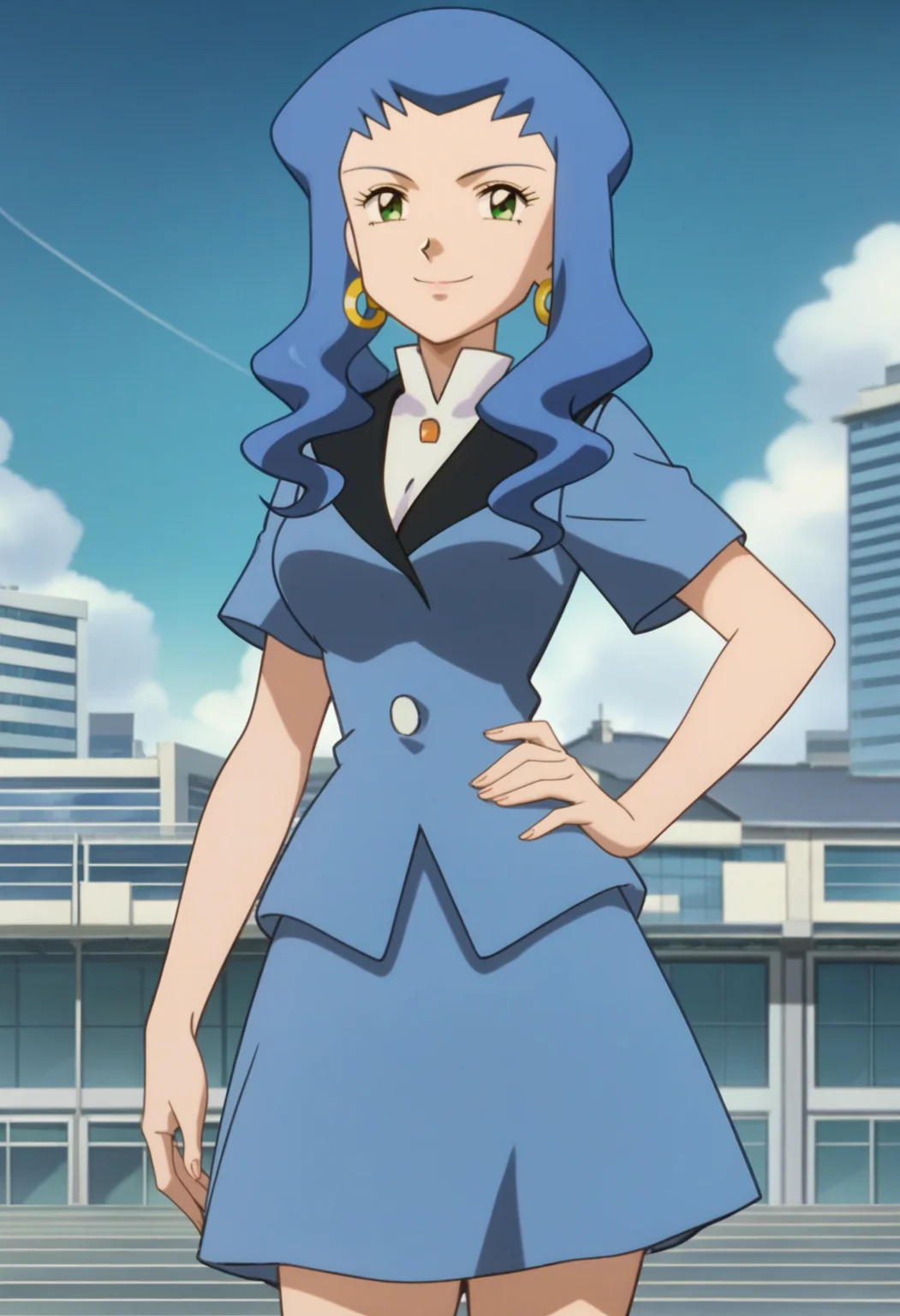 score_9, score_8_up, score_7_up, score_6_up, anime screencap, anime coloring, <lora:PMMiranda:0.9>, PMMiranda, 1girl, solo, green eyes, blue hair, sidelocks, hoop earrings, hair over breasts,
blue jacket, short sleeves, blue skirt,
looking at viewer, cowboy shot, hand on own hip, smile, thighs, 
BREAK building, blue sky, sky, day, sunlight, sunbeam,