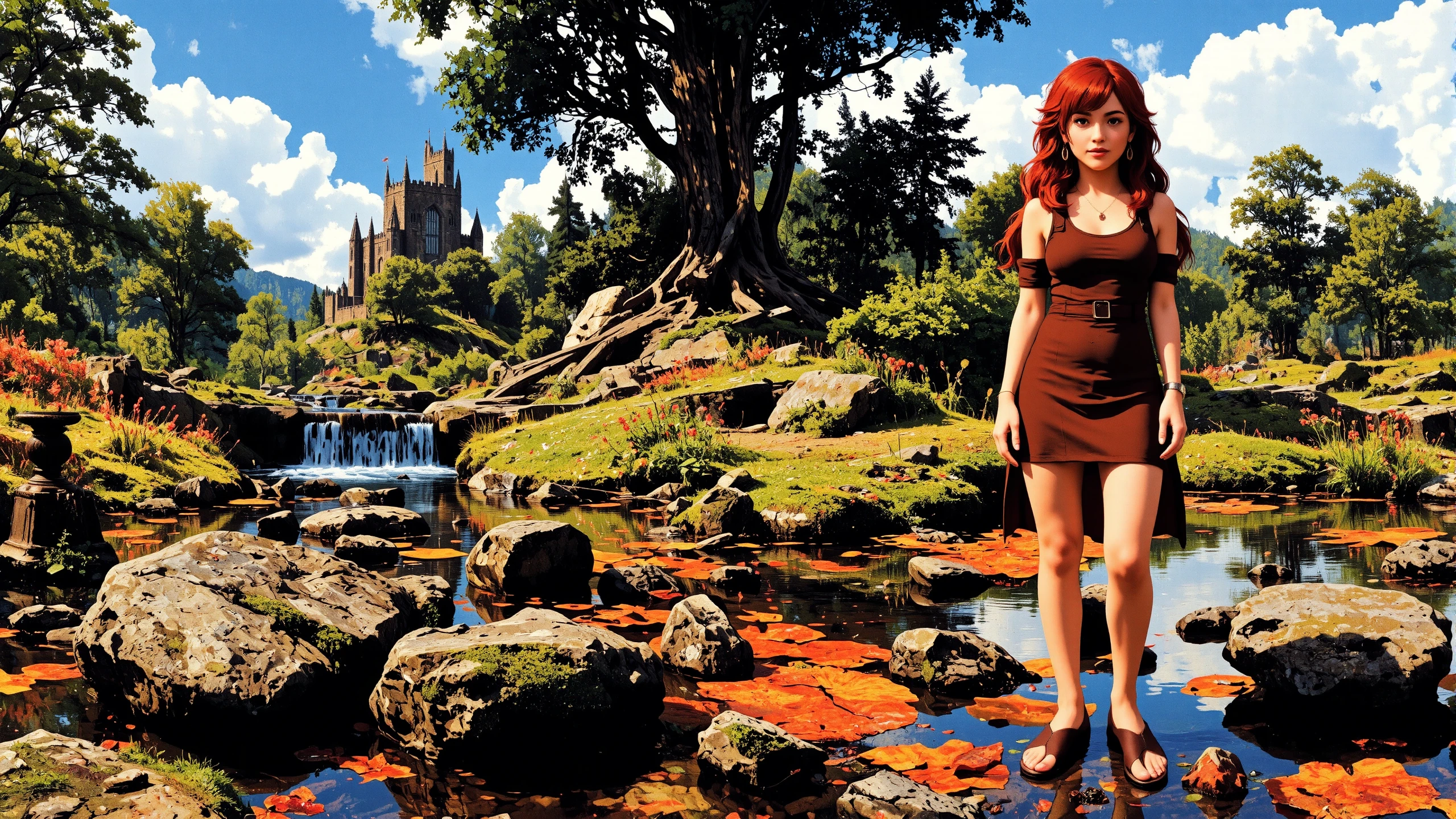 ringlets dark red hair young woman, druid, illustration, comic, anime, extremely detailed, portrait, standing, happy smile, flower in hair, glossy lipstick, celtic necklace, crescent earrings, loincloth, sandals,  Dark Sand Brown druid short dress, legs, sharp focus, fantasy, celtic landscape, small rock, moss, ripples, reflections, celtic  castle, small river pond, druid forest, druid village, stunning nature environment, enchanted land, clovers, Bright deep crimson flowers, best quality, colorful, wet floor, bright sunny sky, raytracing, hdr, high contrast, ethereal natural lights, backlight, lens flare, shadows, vibrant colors, colorful, pretty, beautiful, happy, smiling, feminine, sexy, lovely, in love, adorable, fashion,  <lora:Hand v2:1> <lora:Anti-Blur:1><lora:Insane Detail Slider:0.5>  <lora:flux.1_lora_flyway_Epic-detail_v2:0.3><lora:fluxenhancer:0.5> <lora:RetroAnimeFluxV1:0.4> <lora:Luminous_Shadowscape:0.4>