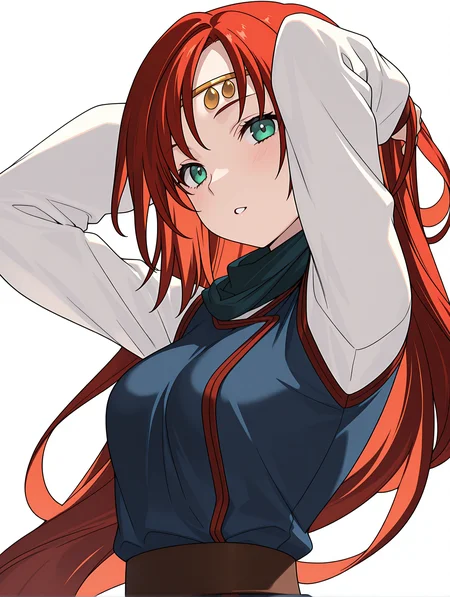 masterpiece,best quality,newest,1girl,solo,
<lora:elenoa_ilxl_v3.1:1>,elenoa,red hair,very long hair,green eyes,e_circlet,e_02clothes,long_sleeves,white sleeves,blue clothes,
<lora:Fixhands_anime_bdsqlsz_V1:1>,light_blush,white_background,simple background,standing,(face_focus:1.2),looking_at_viewer,smile,:o,dynamic_angle,upper_body,profile,hand_in_hair,