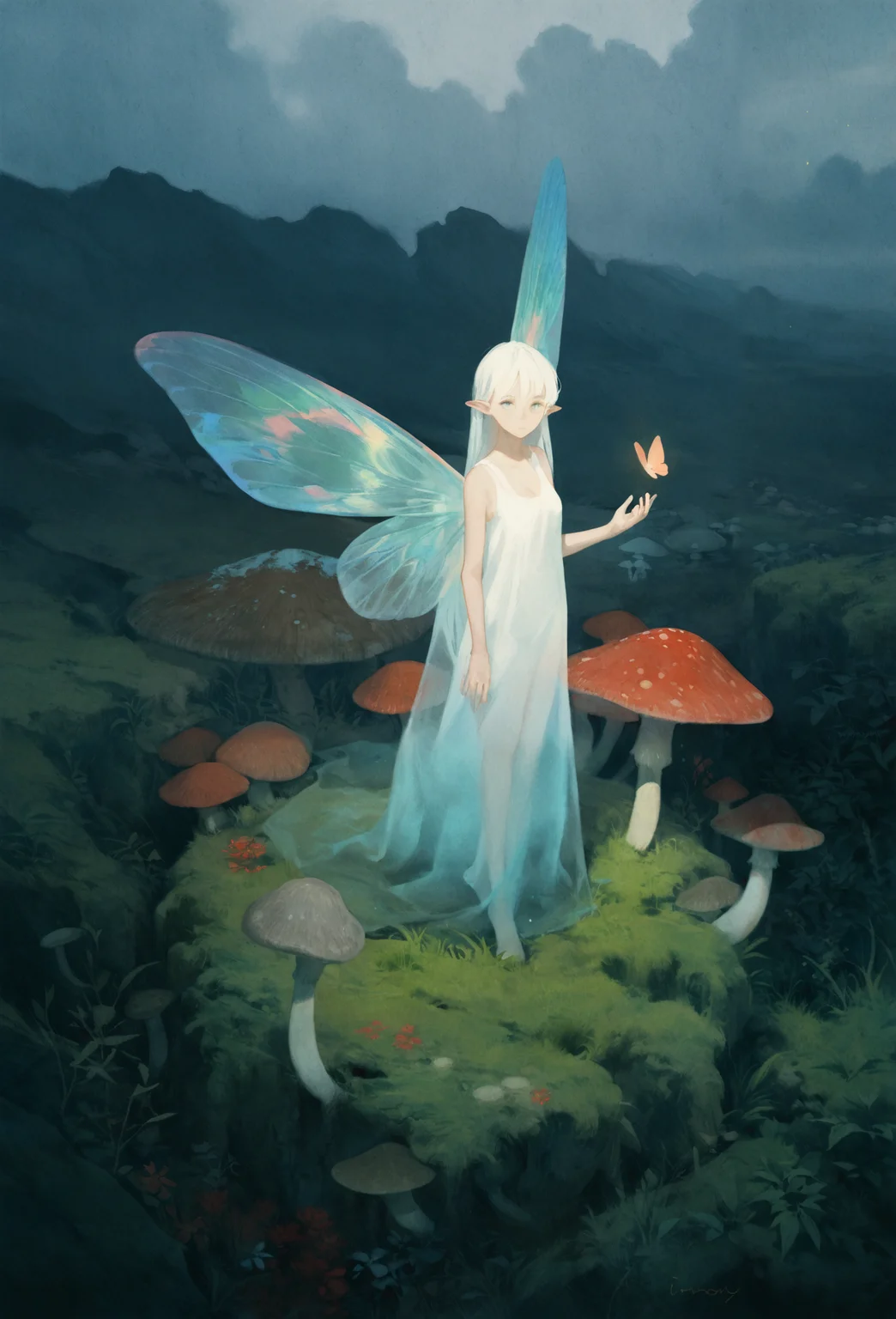 best quality, masterpiece, newest, absurd res, hi res, very awa, fairy, honovy, (mucknagabe:0.7), (akai sashimi:0.5), (reoen:0.3), (norakura \(nr kura\):0.3), female, slim, butterfly wings, solo, toga, looking at viewer, innocent, standing, (fairy ring:1.1), mushrooms, rocks, moss, highlands, overcast, mist, early morning, dim, ethereal, iridescent, mysterious, cinematic lighting, dramatic,postcard, (lineart:0.6), high-angle view, watercolor, illustration, vintage, (art nouveau:0.2),
