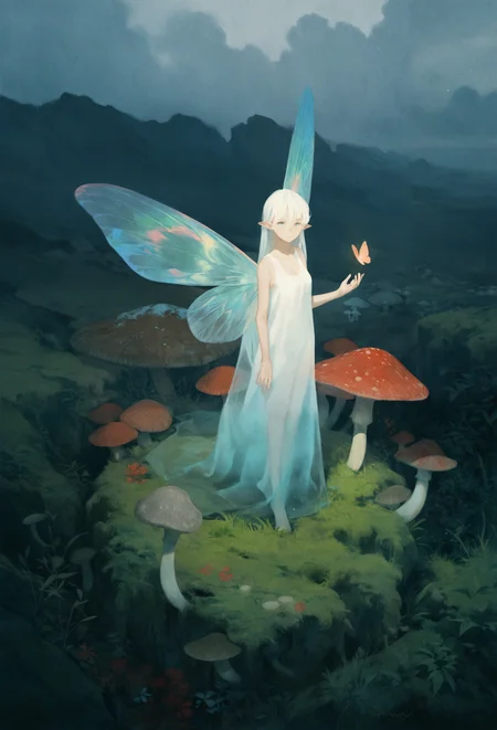 best quality, masterpiece, newest, absurd res, hi res, very awa, fairy, honovy, (mucknagabe:0.7), (akai sashimi:0.5), (reoen:0.3), (norakura \(nr kura\):0.3), female, slim, butterfly wings, solo, toga, looking at viewer, innocent, standing, (fairy ring:1.1), mushrooms, rocks, moss, highlands, overcast, mist, early morning, dim, ethereal, iridescent, mysterious, cinematic lighting, dramatic,postcard, (lineart:0.6), high-angle view, watercolor, illustration, vintage, (art nouveau:0.2),