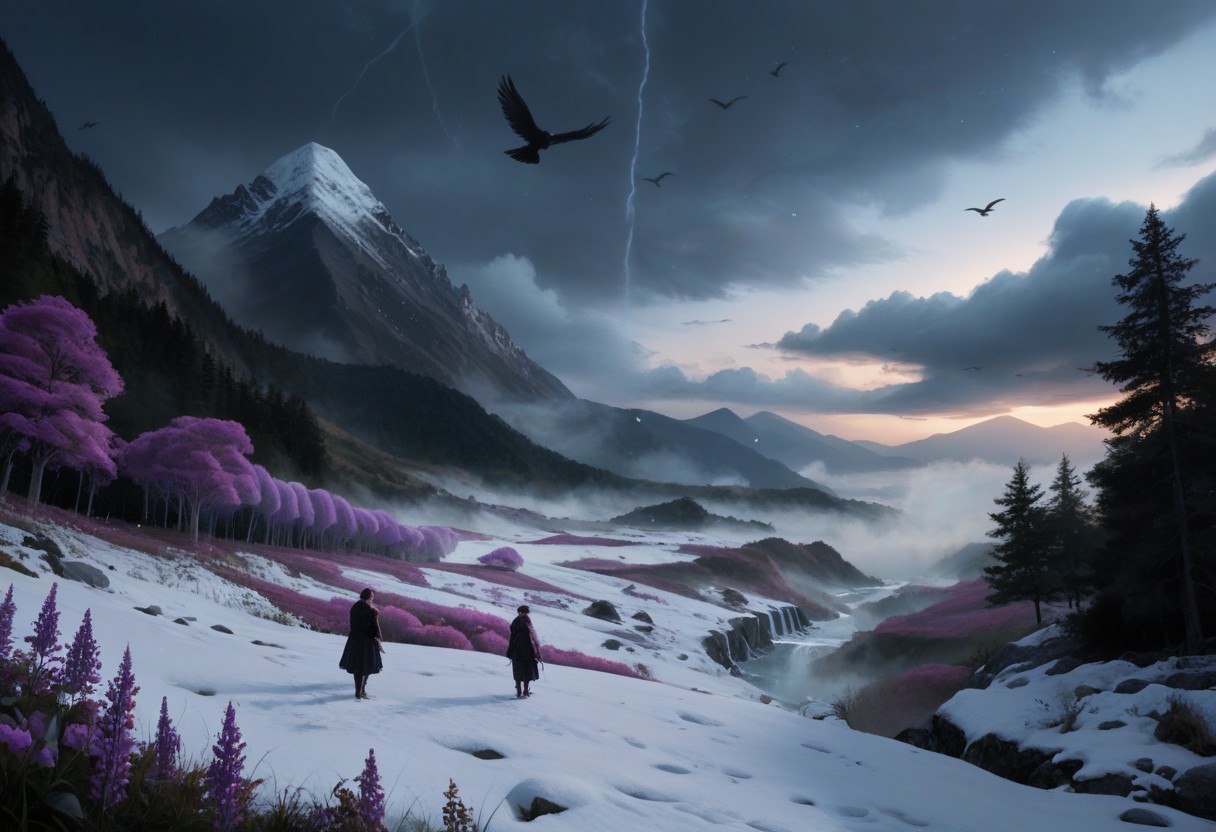 score_9, score_8_up, score_7_up, water, tree, leaf, scenery, mountain, planted, waterfall, fog flower, outdoors, sky, cloud, tree, no_humans, grass, cloudy_sky, crows, birds flying, star_\(sky\), night, nature, eerie, purple_flower, mountain, field, purple_theme, mountainous_horizon, landscape, storm, clouds, dark clouds, lightnings at horizon, wisteria, (winter, snow:1.4)