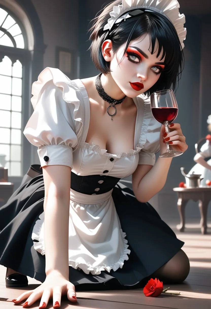 score_9, score_8_up, score_7_up, 4L14NDRA, BLACK HAIR, SHORT HAIR, GREY EYES, MAKEUP, RED LIPS, NAIL POLISH, RED NAILS, MEDIUM BREASTS, MAID, MAID HEADDRESS, APRON, BLACK SKIRT, WHITE SHIRT, PUFFY SLEEVES, CHOKER, PANTYHOSE, BLACK SHOES, pouring wine in a parlor, sexy pose, depth of field, highly detailed, high contrast, film grain, Rim Lighting