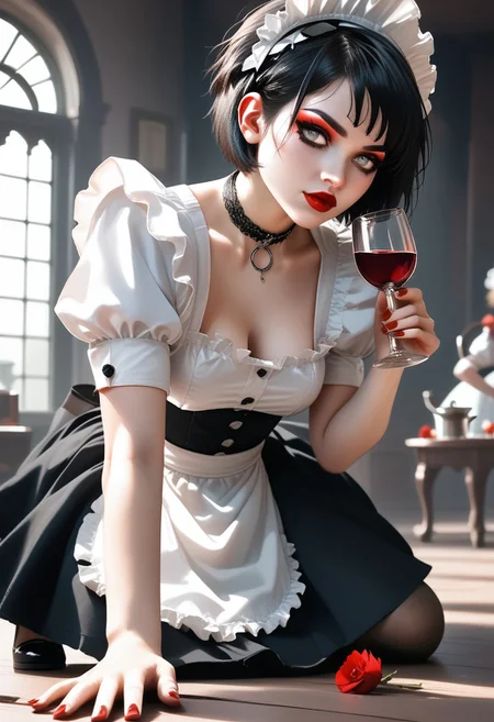score_9, score_8_up, score_7_up, 4L14NDRA, BLACK HAIR, SHORT HAIR, GREY EYES, MAKEUP, RED LIPS, NAIL POLISH, RED NAILS, MEDIUM BREASTS, MAID, MAID HEADDRESS, APRON, BLACK SKIRT, WHITE SHIRT, PUFFY SLEEVES, CHOKER, PANTYHOSE, BLACK SHOES, pouring wine in a parlor, sexy pose, depth of field, highly detailed, high contrast, film grain, Rim Lighting