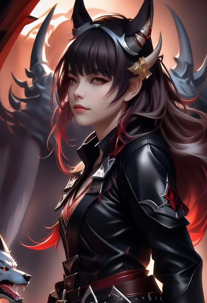 A horned female teen rogue wearing ((leather armor)), black suit, oni girl with wolf-ears, dangerous Kemonomimi waif, brunette assassin, tiefling thief, black hair, three small horns, [onii (Shuna, Hakurou) horns], tri-horns on forhead (masterpiece:1.5), (best quality), (disharmonic + ugly + unaesthetic:1.5)