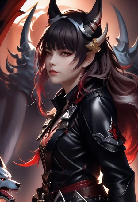 A horned female teen rogue wearing ((leather armor)), black suit, oni girl with wolf-ears, dangerous Kemonomimi waif, brunette assassin, tiefling thief, black hair, three small horns, [onii (Shuna, Hakurou) horns], tri-horns on forhead (masterpiece:1.5), (best quality), (disharmonic + ugly + unaesthetic:1.5)