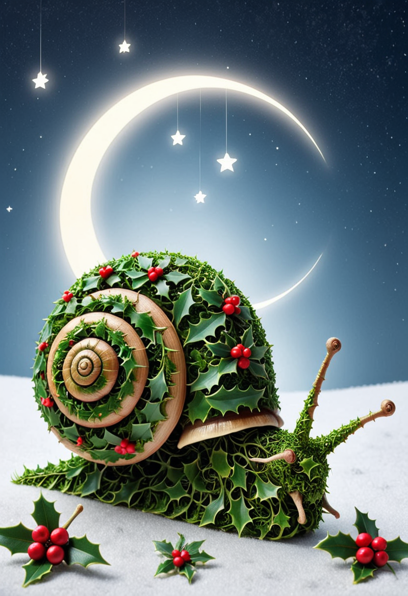 M1STL3T03, (medium full shot) of A snail made of holly mistletoe, set in the meadow, under the moonlight, stars, , best quality, masterpiece
