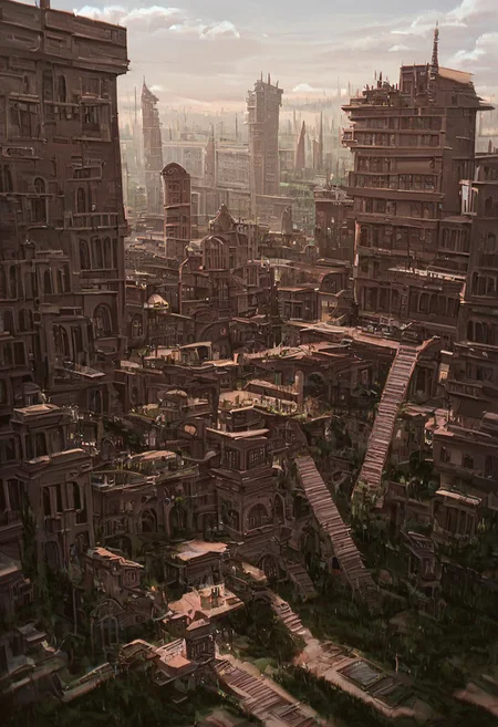 score_9, score_8_up, score_7_up, high quality humans body,
walked humans, humans on strairs, humans, 
crazystair, multidimensional stairs labyrinth, mdsl, outdoors, no humans, window, building, scenery, stairs, city , towers, grass, fog