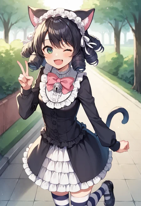 score_9,score_8_up,score_7_up,source_anime,masterpiece,best quality,1girl,solo,game cg,1girl,solo,little_girl,cyan_(show_by_rock!!),park,green eyes,blue eyes,curly hair,black hair,fang,cat ears,cat tail,maid headdress,dress,jingle bell,gothic,long sleeves,pink bow,frills,striped thighhighs,mary janes,<lora:cyanSB69>,standing_on_one_leg,looking_at_viewer,open mouth,smile,kind_smile,v,wink,