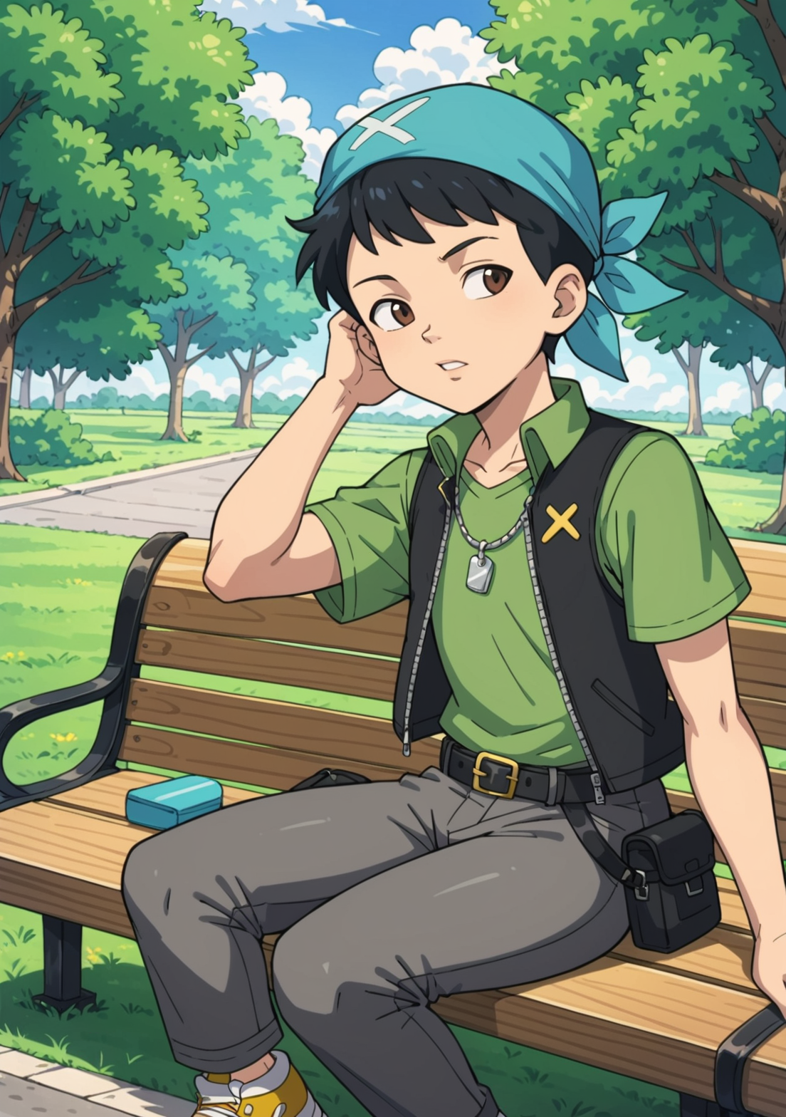 score_9, score_8_up, score_7_up, source_anime, BREAK, Max_(Dragon Tales), ((1boy, solo, aged up, teenager, sharp jawline, defined cheekbones, mature eyes)), ((black hair, spikey hair)), brown eyes, parted lips, teeth, looking to the side,  sky,  cloud, cloud shadows, tree, sitting on bench, sidewalk, park, tree, dark golden sneakers, shoes, long legs, ((dark grey baggy pants, calf length)), silver necklace, ((light turquoise bandana on head)), neon Dark green shirt, collared black vest, zipper, black pouch, black belt, slouching, <lora:Max_Dragon_Tales-000010 (1):0.65>