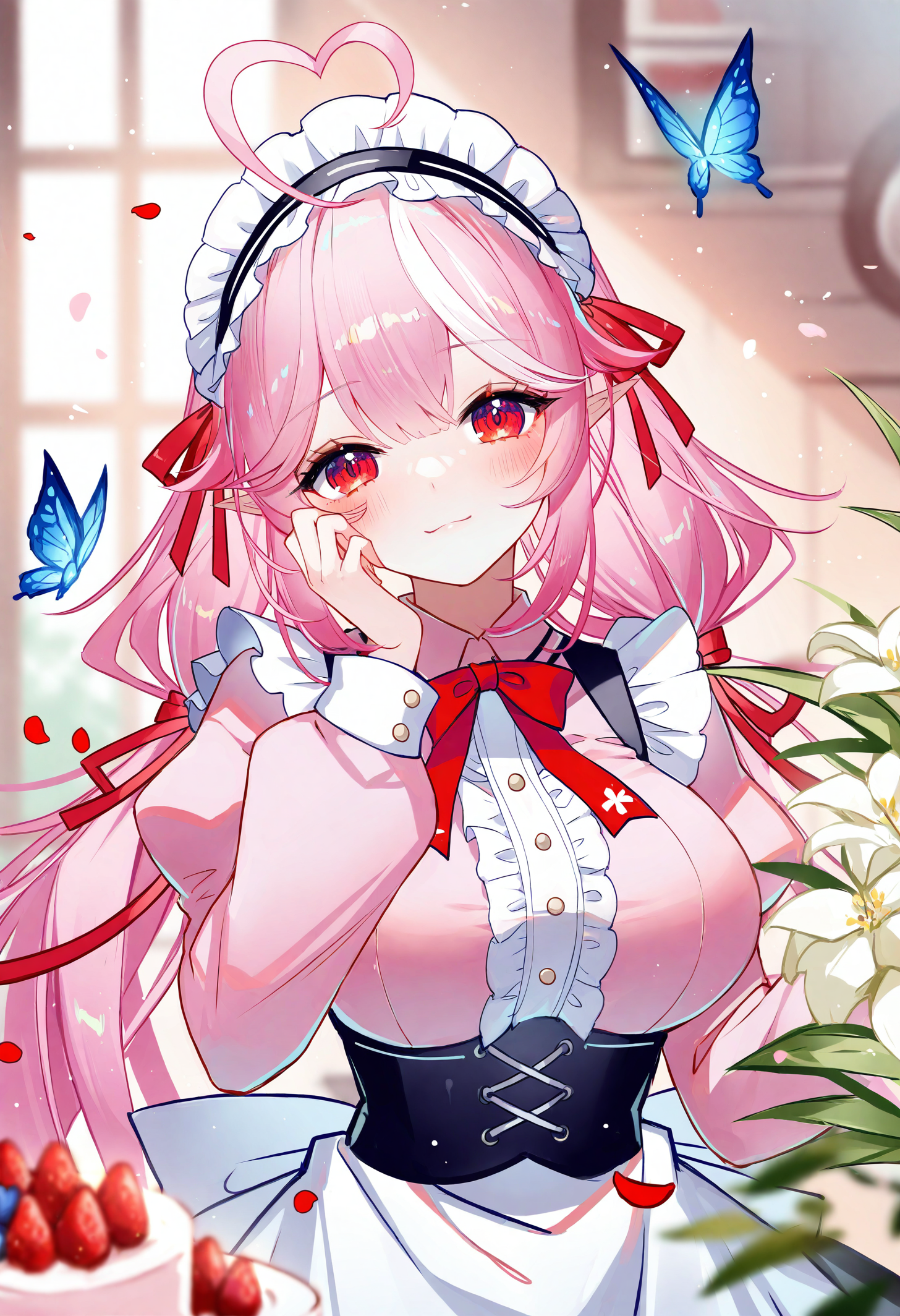 1girl, food, strawberry, red eyes, virtual youtuber, pointy ears, solo, twintails, multicolored hair, hand on own cheek, heart ahoge, butterfly, fruit, hand on own face, bug, belt, frills, blush, holding, blue butterfly, hairband, looking at viewer, puffy sleeves, window, apron, breasts, petals, blurry foreground, blurry, cake, indoors, closed mouth, pink shirt, flower, bouquet, long sleeves, ahoge, ribbon, depth of field, heart, center frills, maid headdress, upper body, streaked hair, large breasts, pink hair, two-tone hair, white apron, frilled hairband, red ribbon,
masterpiece,best quality,newest,absurdres,highres,very awa,<lora:sheya1_noob1.1-000198:0.8>,