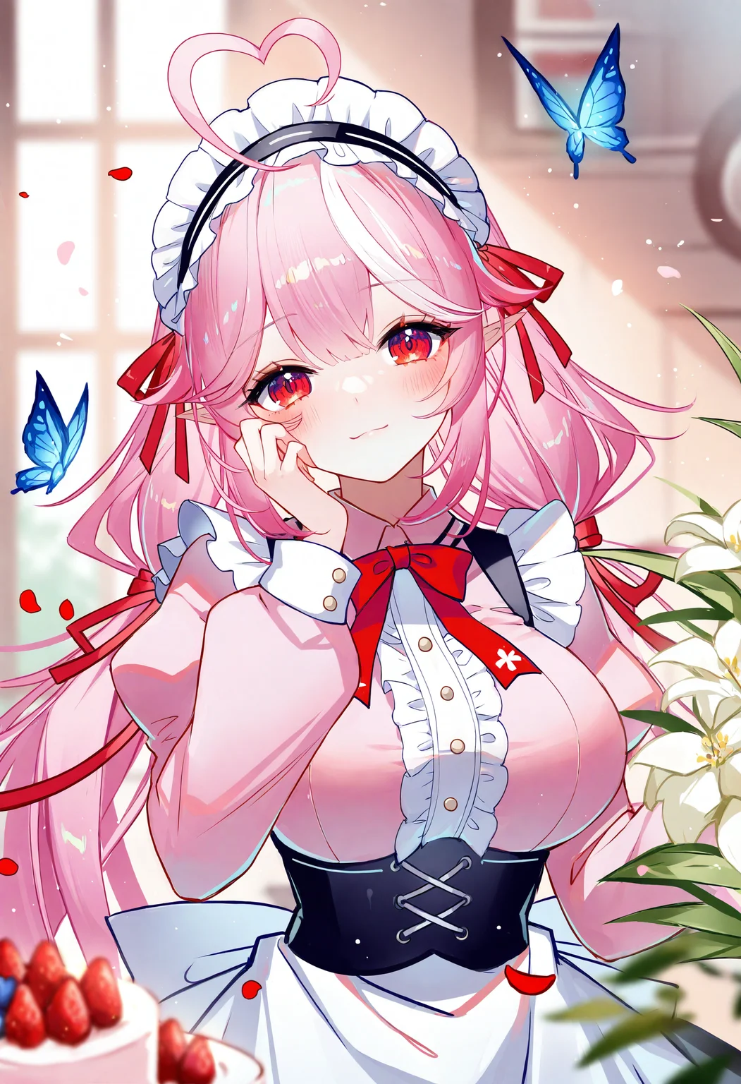 1girl, food, strawberry, red eyes, virtual youtuber, pointy ears, solo, twintails, multicolored hair, hand on own cheek, heart ahoge, butterfly, fruit, hand on own face, bug, belt, frills, blush, holding, blue butterfly, hairband, looking at viewer, puffy sleeves, window, apron, breasts, petals, blurry foreground, blurry, cake, indoors, closed mouth, pink shirt, flower, bouquet, long sleeves, ahoge, ribbon, depth of field, heart, center frills, maid headdress, upper body, streaked hair, large breasts, pink hair, two-tone hair, white apron, frilled hairband, red ribbon,
masterpiece,best quality,newest,absurdres,highres,very awa,<lora:sheya1_noob1.1-000198:0.8>,