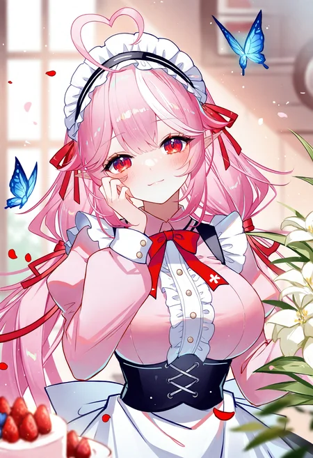 1girl, food, strawberry, red eyes, virtual youtuber, pointy ears, solo, twintails, multicolored hair, hand on own cheek, heart ahoge, butterfly, fruit, hand on own face, bug, belt, frills, blush, holding, blue butterfly, hairband, looking at viewer, puffy sleeves, window, apron, breasts, petals, blurry foreground, blurry, cake, indoors, closed mouth, pink shirt, flower, bouquet, long sleeves, ahoge, ribbon, depth of field, heart, center frills, maid headdress, upper body, streaked hair, large breasts, pink hair, two-tone hair, white apron, frilled hairband, red ribbon,
masterpiece,best quality,newest,absurdres,highres,very awa,<lora:sheya1_noob1.1-000198:0.8>,