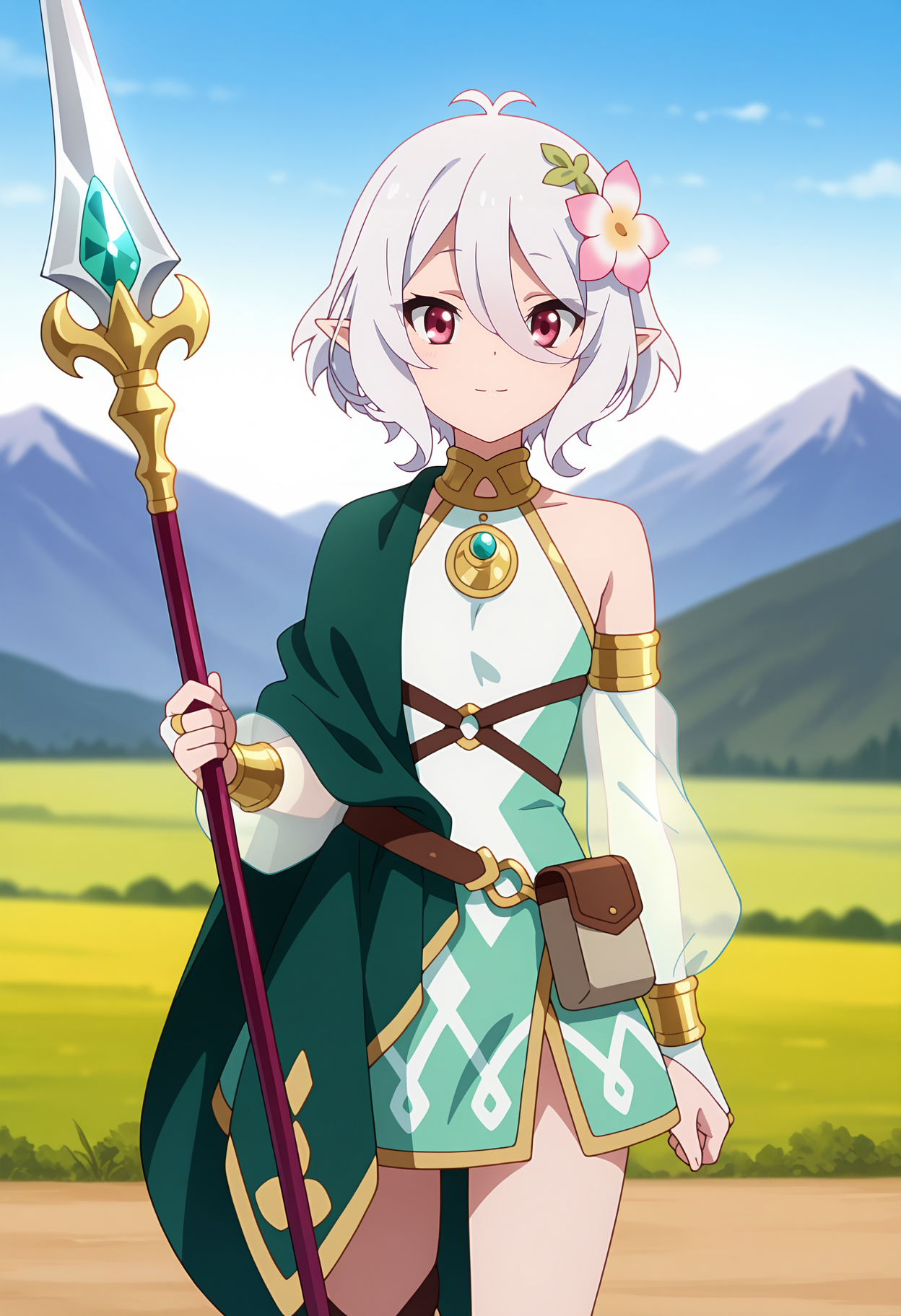 anime screencap, masterpiece, best quality,
<lora:PrincessConnect_Kokkoro_IlluXL:0.9>,
1girl, solo, closed mouth, light smile,
short hair, hair between eyes, antenna hair, white hair, magenta eyes, pointy ears, hair flower,
KokkoroDress, sleeveless dress, armlet, gold trim, asymmetrical clothes, green cape, strap, bridal gauntlets, see-through sleeves, belt pouch,
holding spear,
standing, looking at viewer, cowboy shot,
blurry background, mountainous background, scenery, day, blue sky
