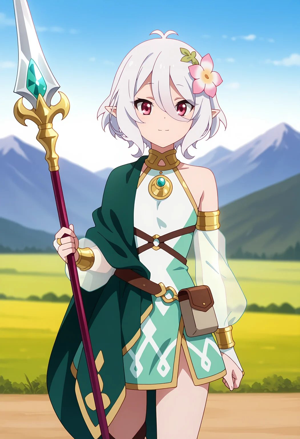 anime screencap, masterpiece, best quality,
<lora:PrincessConnect_Kokkoro_IlluXL:0.9>,
1girl, solo, closed mouth, light smile,
short hair, hair between eyes, antenna hair, white hair, magenta eyes, pointy ears, hair flower,
KokkoroDress, sleeveless dress, armlet, gold trim, asymmetrical clothes, green cape, strap, bridal gauntlets, see-through sleeves, belt pouch,
holding spear,
standing, looking at viewer, cowboy shot,
blurry background, mountainous background, scenery, day, blue sky