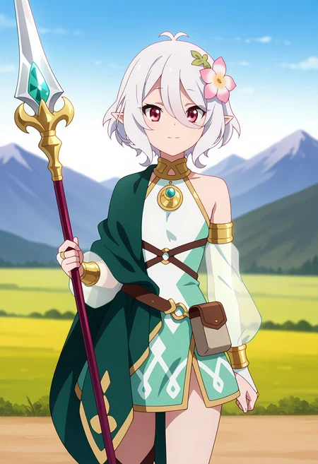 anime screencap, masterpiece, best quality,
<lora:PrincessConnect_Kokkoro_IlluXL:0.9>,
1girl, solo, closed mouth, light smile,
short hair, hair between eyes, antenna hair, white hair, magenta eyes, pointy ears, hair flower,
KokkoroDress, sleeveless dress, armlet, gold trim, asymmetrical clothes, green cape, strap, bridal gauntlets, see-through sleeves, belt pouch,
holding spear,
standing, looking at viewer, cowboy shot,
blurry background, mountainous background, scenery, day, blue sky