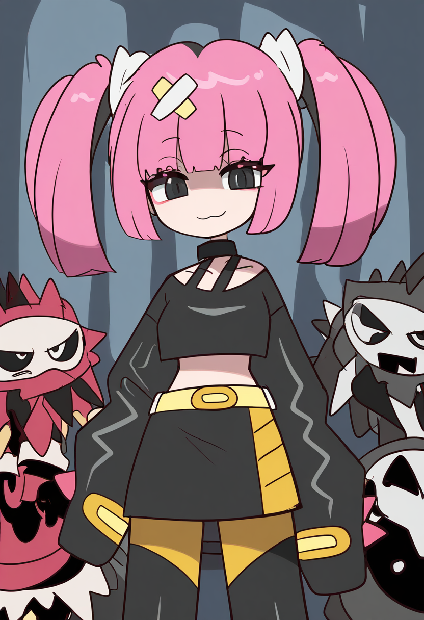(masterpiece, best quality, good quality, very aesthetic, absurdres, newest:1.2),  zzSango, pink hair, short twintails, blunt bangs, hair ornament, belt, long sleeves, sleeves past fingers, black skirt, black choker, black crop top, bare shoulders, yellow belt, bandaid, midriff, collarbone,  ,     <lora:SangoPokemon_NAI:1.0>, , smile, looking at viewer, cowboy shot,  ,<lora:ToonCAT_NAI:1.0>,