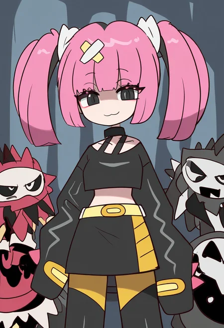 (masterpiece, best quality, good quality, very aesthetic, absurdres, newest:1.2), zzSango, pink hair, short twintails, blunt bangs, hair ornament, belt, long sleeves, sleeves past fingers, black skirt, black choker, black crop top, bare shoulders, yellow belt, bandaid, midriff, collarbone, , <lora:SangoPokemon_NAI:1.0>, , smile, looking at viewer, cowboy shot, ,<lora:ToonCAT_NAI:1.0>,