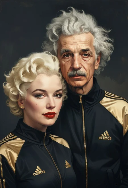 closeup portrait of 2 people, Marylin Monroe wearing a black and gold Adidas style tracksuit, Albert Einstein wearing a black and gold Adidas style tracksuit highly detailed, evocative, high contrast, (white background:1.2)