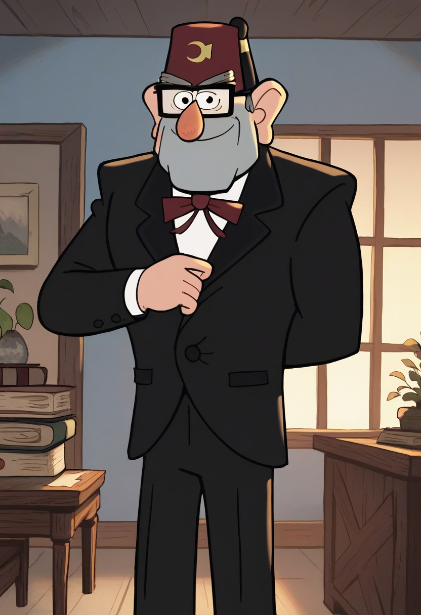 score_9, score_8_up, score_7_up, source_cartoon, 1boy, easynegative, detailed face, detailed, high quality, highly detailed, StanleyPines, old man, facial hair, formal, glasses, black eyes, maroon fez, hat, fez, square jaw, grey hair, bushy grey eyebrows, big nose, wide hips, thick eyebrows, black suit, masculine, manly, broad shoulders, thick thighs, standing, looking at viewer, living room, closed mouth smile