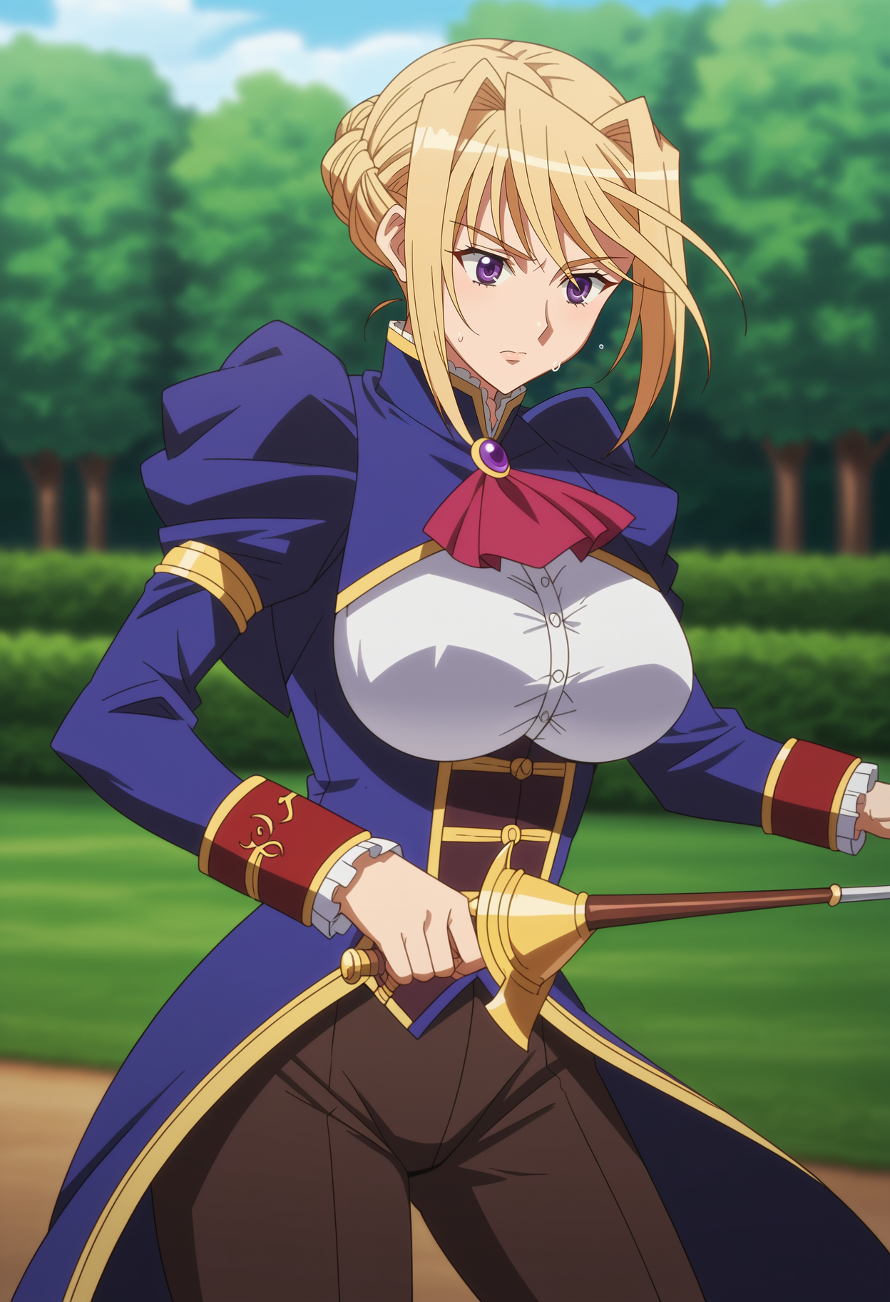 <lora:Sylvia_van_Hossen-Princess_Lover_PONY:0.8>,1girl,solo,Sylvia van Hossen,mature female,blonde hair,purple eyes,hair bun,braid,large breasts,anime coloring,knight uniform,puffy sleeves,ascot,dynamic pose, sweat,outdoors,holding weapon, cowboy shot,