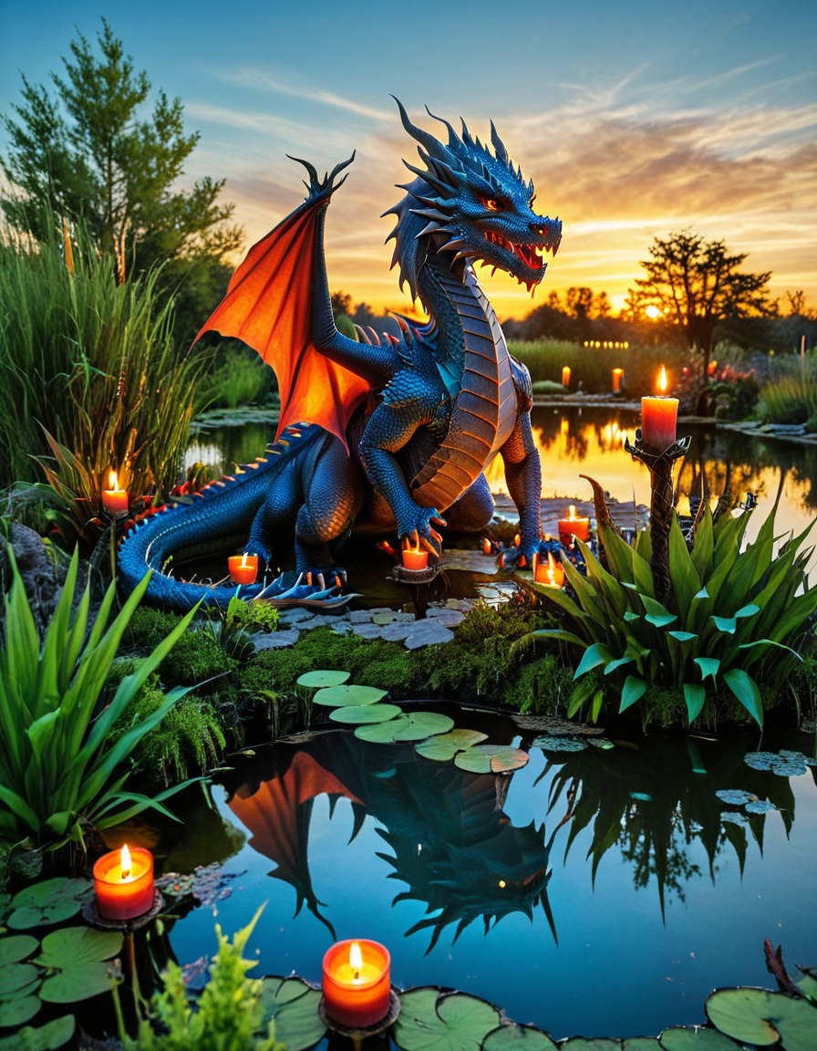 <lora:MW_Minis02xlc:1> m1md, vegetation, candles, dragon, T9, outdoors, burning, pond, sunset, blue sky,