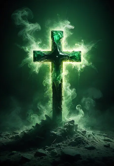 a buried broken emerald cross glazed by the sun emitting smoke, backlit, forgotten, atmospheric AF, detailed, 8k , <lora:- SDXL - vanta-black_contrast_V3.0:0.8>, <lora:DonM5h4d0wM317XL:0.5>