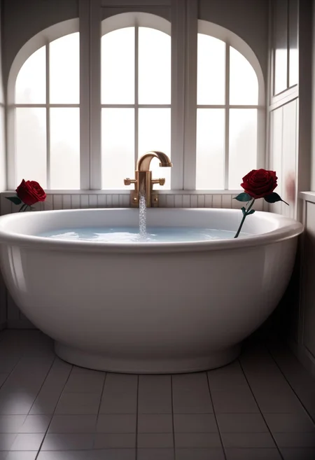 score_9, score_8_up, score_7_up, score_6_up,  (realistic photo), BREAK cinematic, highly professional, high contrast, BREAK lo-fi, soft colors,dskgold_filigree, no humans, flower, scenery, rose, red flower, window, still life, red rose, indoors, art deco bathtub, bathroom scene, gold filigree, made of gold,  gradient overlay, lo-fidelity, chromatic abberation, pastel colors, film grain, masterwork portrait ,specular highlights, rembrandt lighting, side lighting, extreme light and shadow, cinematic lighting, natural lighting,