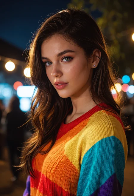score_9, score_8_up, score_7_up, cinematic photograph, beautiful college girl, brunette, close-up, colourful multi-coloured sweater, illuminated in a flood of luminous cool-toned lights, razor-sharp realism with shimmer detail and a seductive fashion editorial vibe