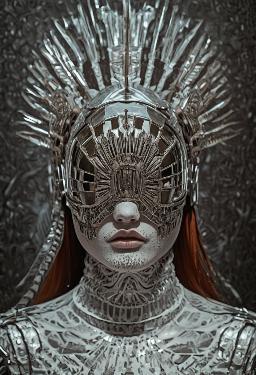 Soaked_seasalt, a blushed grin redhead haired Busty female DJ, wearing skintight outworn T-Shirt and towering native American HR Giger inspired silver ffarmor mirror-helmet, Vintage Photo, dutch Angle, Side View, Film grain, dimly lit, scratched, inside Nightclub, dystopian, bleaked colors, Dusty atmosphere, volumetric lighting, atmospheric haze,