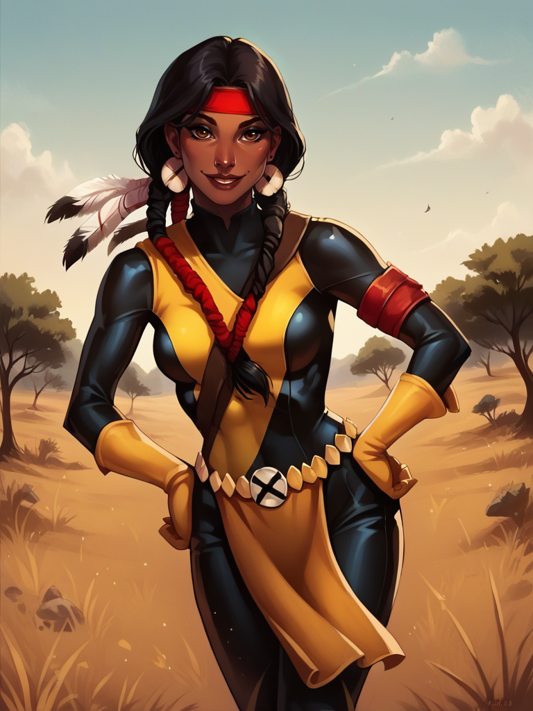score_9, score_8_up, score_7_up, 1girl, leaning forward, sexy, dynamic pose, smile, cute pose, solo, detailed background, looking at viewer, wide shot, cowboy shot, hands on hips, vegetation, savanna, from below,
 <lora:DaniMoonstar_character:1>, DaniMoonstar, black hair, dark skin, brown eyes, makeup, twin braids, native american, black legwear, yellow gloves, (jewelry belt:1.1), earrings, red headband, leotard, bodysuit, jewelry, loincloth, dreadlocks,