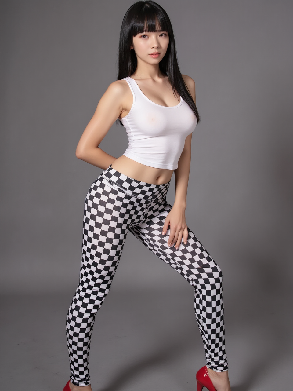 a photo of a beautiflu woman,check print leggings,
an asian woman squat and spread legs pose,hands and arms behind hips,front camera,sexy pose,realistic,amazing photo,cinematic lighting,check print leggings,white tank top,red high heels shoes,
facing viewer,looking at viewer,<lora:flux-check-print-leggings:1>,<lora:flux-nacha:1>,