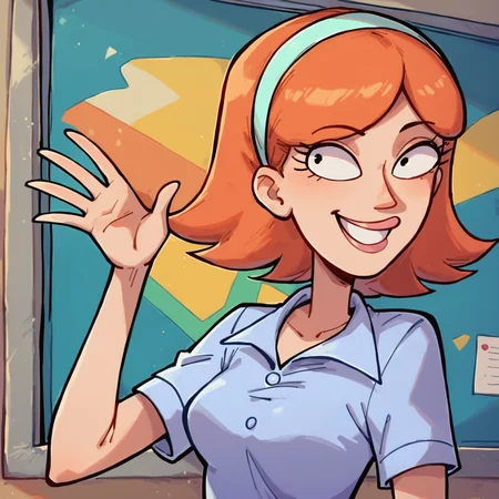 score_9, score_8_up, score_7_up, j3ss1c4,1girl,solo,hairband,short hair,shirt, portrati,smiling, school background,waving <lora:j3ss1c4:1>
