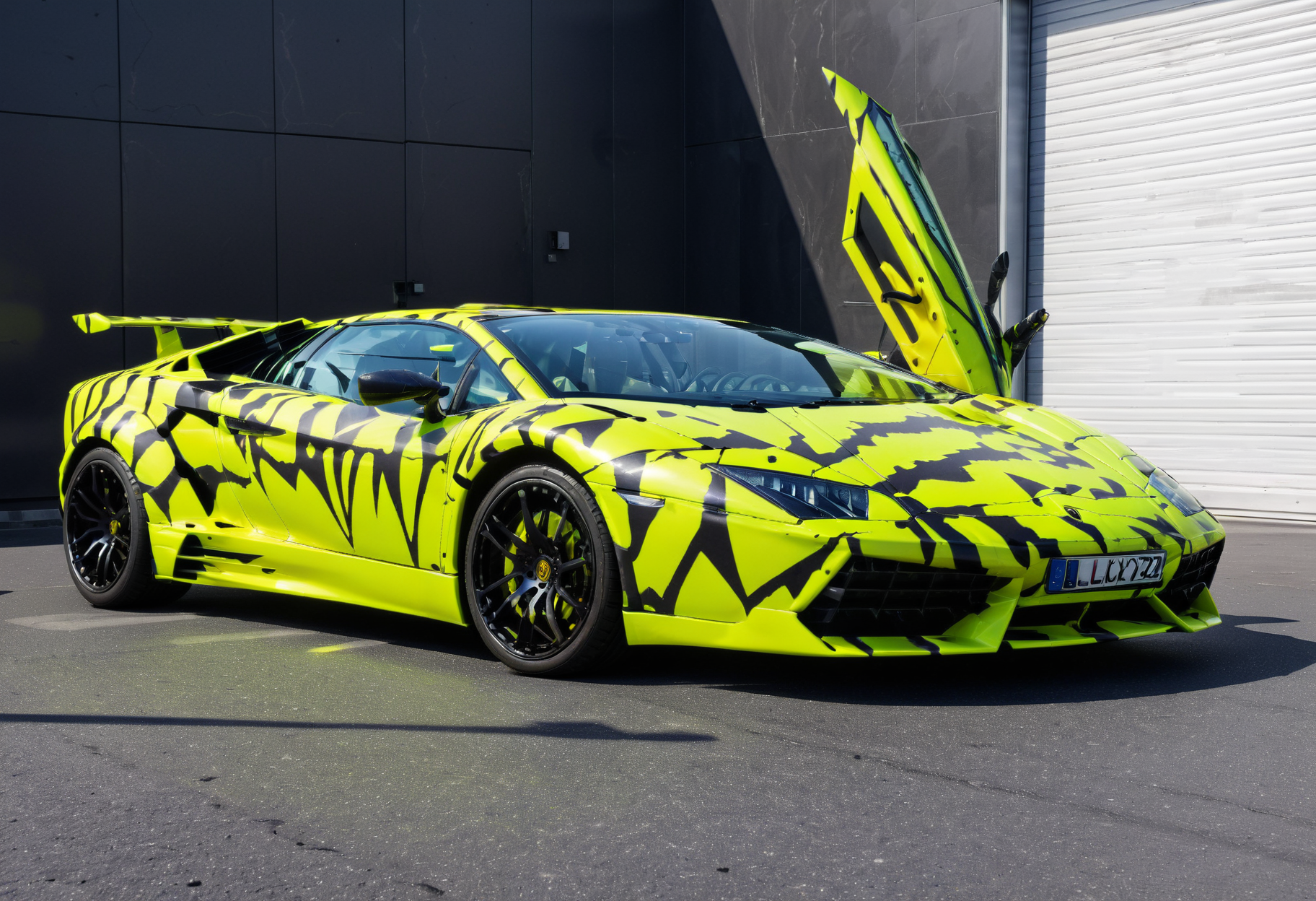 lgcrs,a  car Lamborghini looking like a shark,with aggressive color pattern,neon yellow and blacks,parked on a (black marble surface:1.2),before a silver sphere,with headlights on,graffiti zig zag like patterns,
<lora:Retro_Cars-000011:0.8>,
