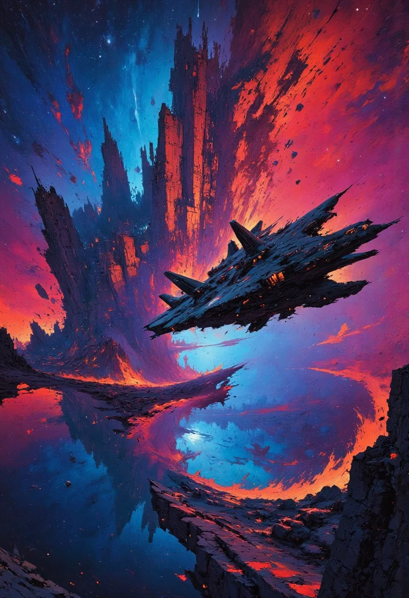 abstract oil painting, gradient vibrant neon colour, rough, textural, broad brush strokes, a sleek stealth fighter spaceship flying over a futuristic sci-fi city with tall towers skyscrapers, and domes, perfectly reflected in a tranquil, still lake, at night, surreal colours, detailed night sky with stars and nebulas, mythp0rt