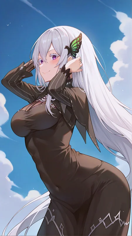 zPDXLxxx,score_9,score_8_up,score_7_up,score_6_up,score_5_up,score_4_up,source_anime,masterpiece,best quality,perfect anatomy,very aesthetic,absurdres,
<lora:Quality tweaker_last:-2>,
<lora:Breast Slider - Pony_alpha1.0_rank4_noxattn_last:2>,
<lora:azurlaneXLP6lokrV4236T2:0.5>,
solo,blush,smile,
(leaning forward),from side,from below,bent over,adjusting hair,arm behind head,
<lora:Echidna PonyXL Anzhc v1.6:1>,
echidna,purple eyes,white hair,hair between eyes,very long hair,butterfly hair ornament,
original dress,black dress,