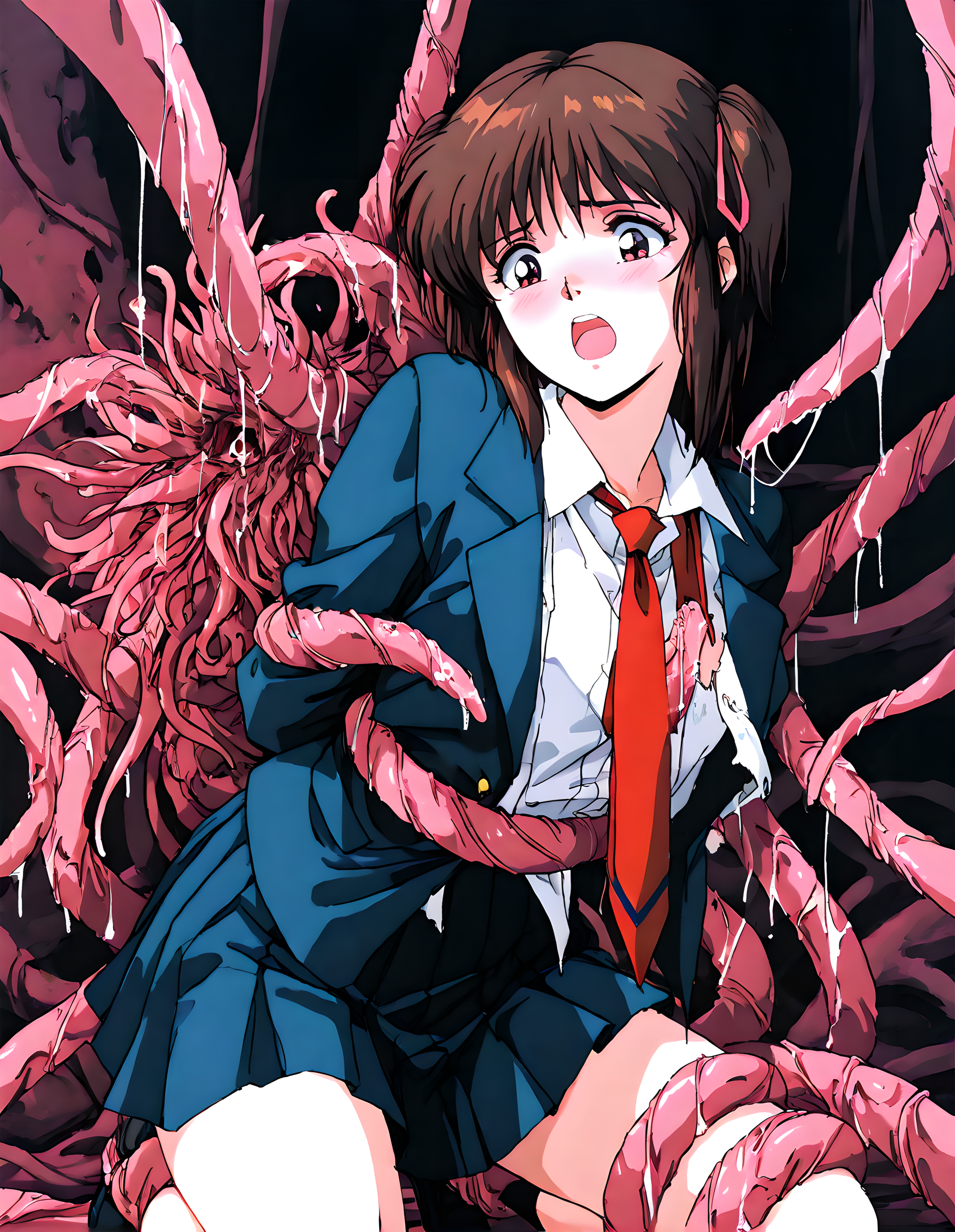 <lora:illustrious_XL_kayo:0.8>,kayo,masterpiece,best quality,good quality,1girl,solo,retro artstyle,blazer,long sleeves,open_clothes,red tie,white collared shirt,pleated skirt,cowboy_shot,bound,bdsm,tentacles,kneeling,wardrobe_malfunction,light_blush,open mouth,
