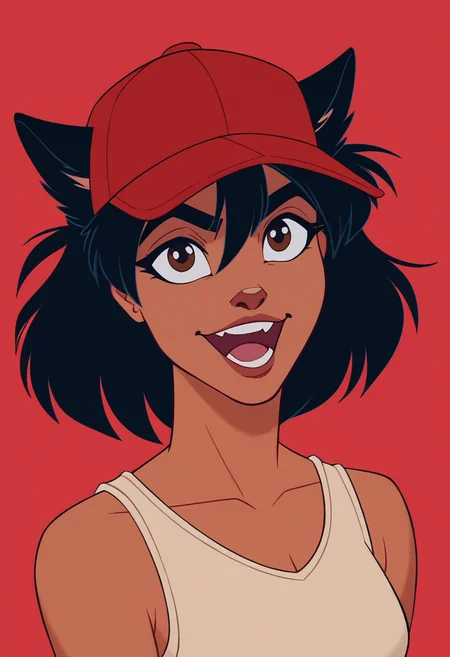 score_9, score_8_up, score_7_up, score_6_up, smile, asuka langley, furry, fox girl, open mouth, short hair, simple background, shirt, black hair, 1girl, baseball cap, brown eyes, upper body, :d, teeth, sleeveless, dark skin, upper teeth only, thick eyebrows, dark-skinned male, tank top, portrait, red headwear, red background, purple headwear, retro artstyle, <lora:Disney_Renaissance-06:1>