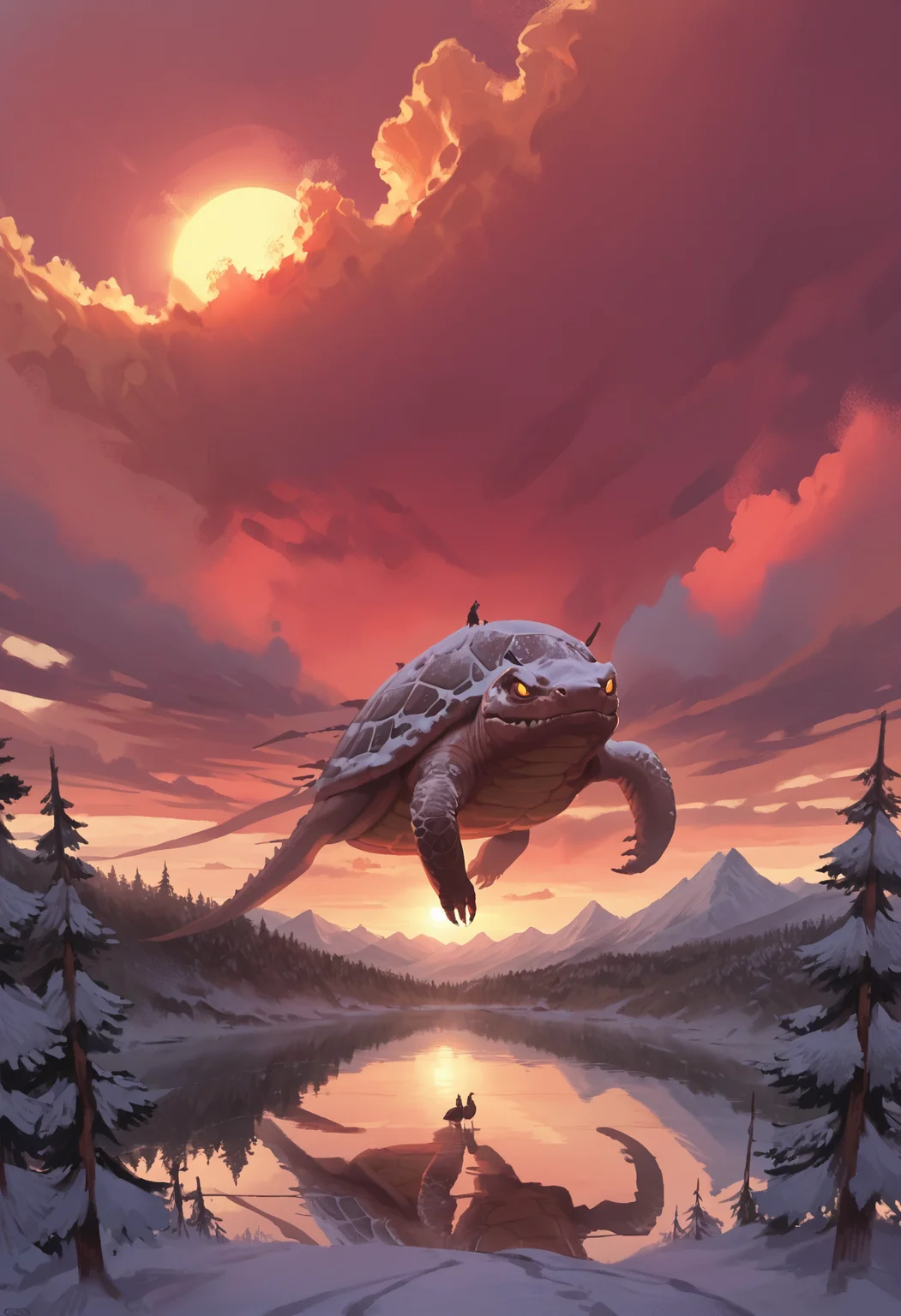 score_9, score_8_up, score_7_up, score_6_up, score_5_up, score_4_up,
<lora:ScenicHorizonsV3.1:1> sc3n1ch0r1s0ns,
sky, cloud, water, tree, no humans, animal, cloudy sky, scenery, nature, snow, reflection, forest, sunset, monster, mountain, dragon, sun, fantasy, landscape, oversized animal, red sky, turtle, pine tree