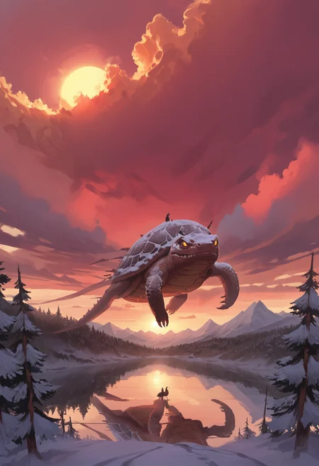 score_9, score_8_up, score_7_up, score_6_up, score_5_up, score_4_up,
<lora:ScenicHorizonsV3.1:1> sc3n1ch0r1s0ns,
sky, cloud, water, tree, no humans, animal, cloudy sky, scenery, nature, snow, reflection, forest, sunset, monster, mountain, dragon, sun, fantasy, landscape, oversized animal, red sky, turtle, pine tree