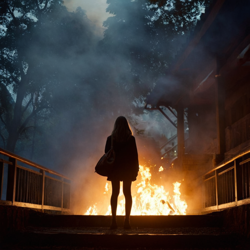 cinematic film still of <lora:add-detail-xl:0.1>0
<lora:detailed:0.3> realism
<lora:perfection style:0.2> perfect
<lora:eyetune:0.5>
<lora:xl_more_art-full_v1:0.1>
<lora:Ron Fricke style:0.2>
<lora:Unreal Engine style:0.3>
<lora:TeethXL:0.3>
<lora:Chiaroscuro Lighting Style:0.3> Chiaroscuro Lighting Style
 <lora:volumetric lighting style v2:0.9>
A cinematic beams of light shining across the environment of a woman standing in front of a fire burning building, cinematic lighting effects, movie themed, sharp, detailed, epic cinematic God rays photography, artistic creative photography style, dramatic cinematic light style, cinematic dramatic color style, Kodak film style, haze light style, fog light style, beam light style, Crepuscular rays style, volumetric lighting style, 1girl, solo, long hair, school uniform, standing, scenery, sunset, stairs, railing, silhouette, torii, skirt, outdoors, bag, tree, fire, building, wide shot
, shallow depth of field, vignette, highly detailed, high budget, bokeh, cinemascope, moody, epic, gorgeous, film grain, grainy