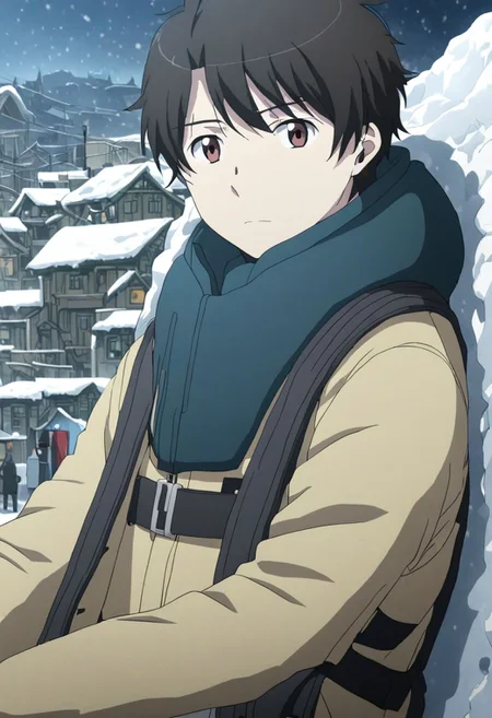 high resolution, solo, best quality, 1Boy, Inaho Kaizuka, Black Hair, Brown Eyes, chilling, snow town, winter jacket, OverallDetail