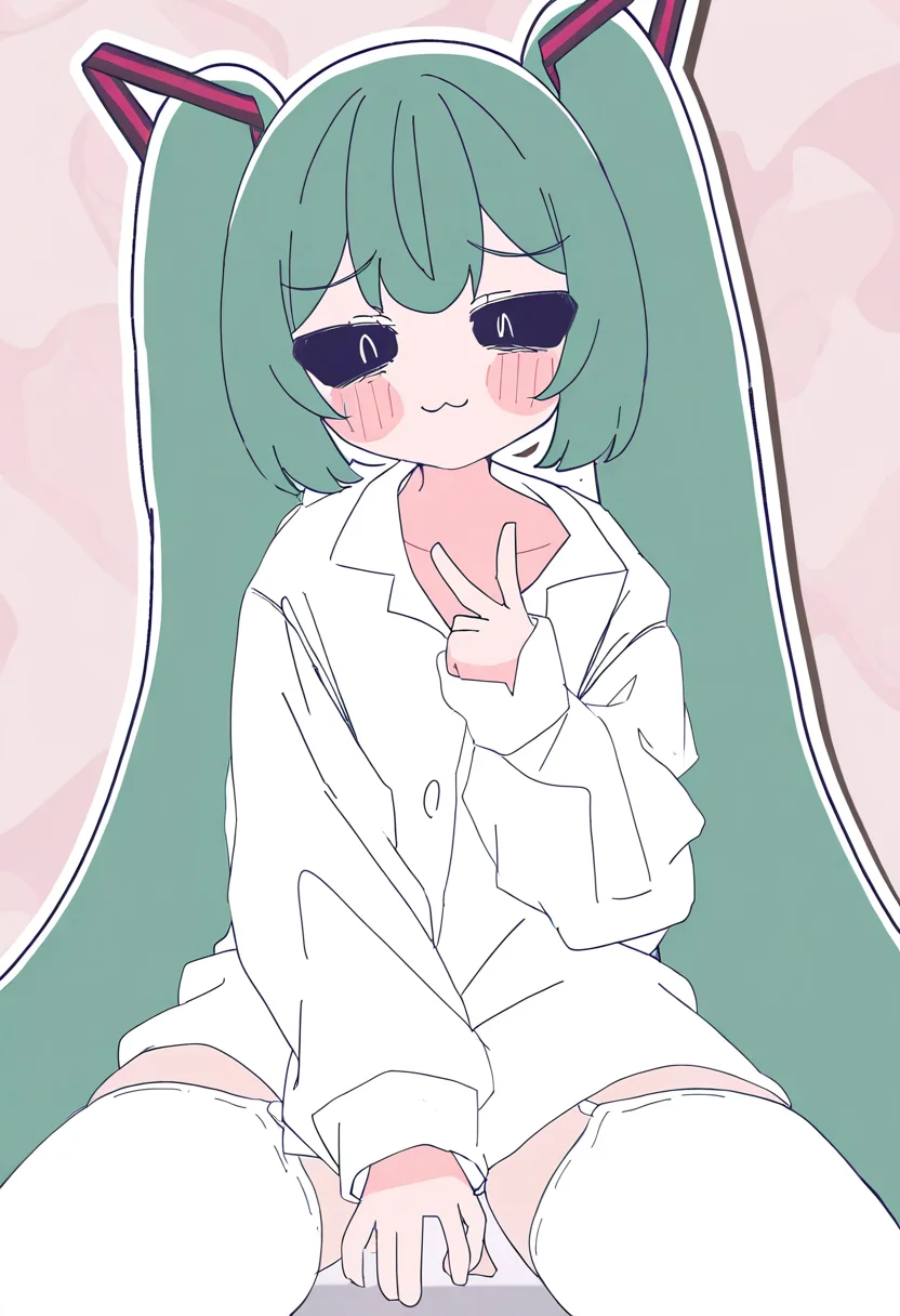 1girl, hatsune miku, mimukauwa nice try \(vocaloid\), long hair, solo, twintails, black eyes, thighhighs, shirt, v, white shirt, very long hair, looking at viewer, green hair, :3, blush, long sleeves, white thighhighs
masterpiece,year 2023,newest,highres,absurdres,
<lora:mikukauwa_NoobVpred75S:1>,