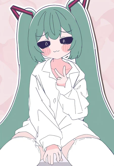 1girl, hatsune miku, mimukauwa nice try \(vocaloid\), long hair, solo, twintails, black eyes, thighhighs, shirt, v, white shirt, very long hair, looking at viewer, green hair, :3, blush, long sleeves, white thighhighs
masterpiece,year 2023,newest,highres,absurdres,
<lora:mikukauwa_NoobVpred75S:1>,