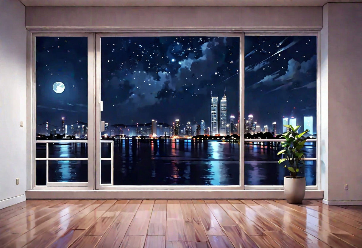 ((((front view)))), Shallow scene, ((animation style)), (((City high-rise building scenery))), ((((City scenery outside the window)))), ((sense of mystery)), (night), starry sky, moonlight, (weak light), (Facing the window), (open window), modern-style interior, Wooden floor, with white walls, (large windows), a living room, sofa and coffee table by the window sill,  (((Sofa placed horizontally))), (Behind the sofa is the window sill),