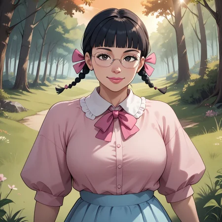 score_9, score_8, BREAK, MigiwaSan, 1girl, black hair, black eyes, blunt bangs, braided pigtails, pink ribbons, square crystal glasses, pink lipstick, white-collared pink long-sleeved shirt, light blue skirt, white socks, pink mary-jane shoes, adult female, mature female, breasts, sexy pose, self portrait, smile, outdoors, sunlight, shadows, evening lighting, natural lighting, forest, trees, grass, orange sky, sunset