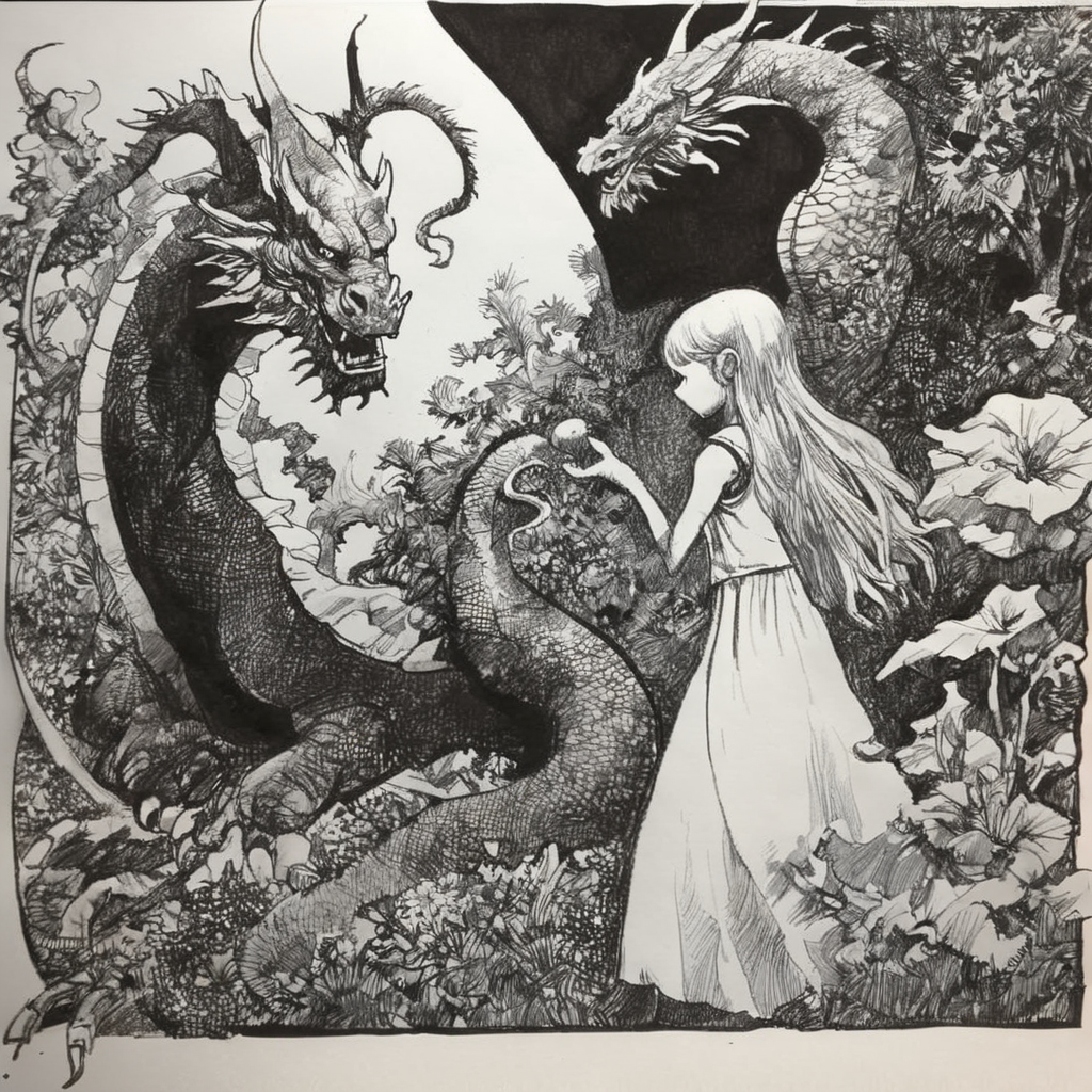 drawix20 girl and dragon in garden, very detailed, black ink <lora:drawix20:1>