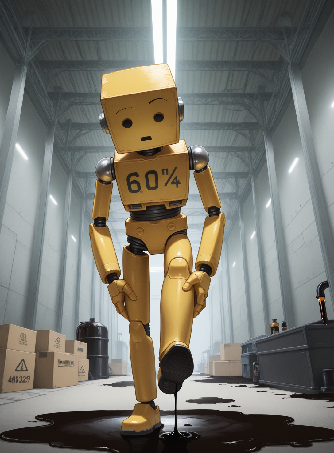 <lora:Splashing_With_Foot_Illustrious:1>
1boy, solo, robot, square head, box body, looking down, disappointed, raised eyebrow,
standing on liquid, standing on one leg, leg up, (holding own foot:1.3), (motor oil drip:1.3), (motor oil puddle:1.3), number,
full body, perspective, factory, indoors, fluorescent lamp,
BREAK masterpiece, best quality, amazing quality, absurdres